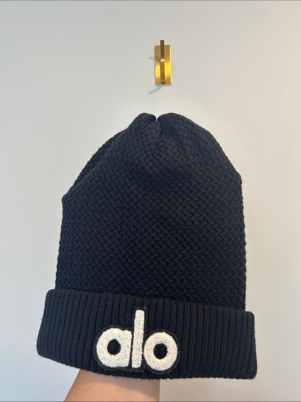 ALO Yoga Black Knit Cuffed Beanie with White Logo